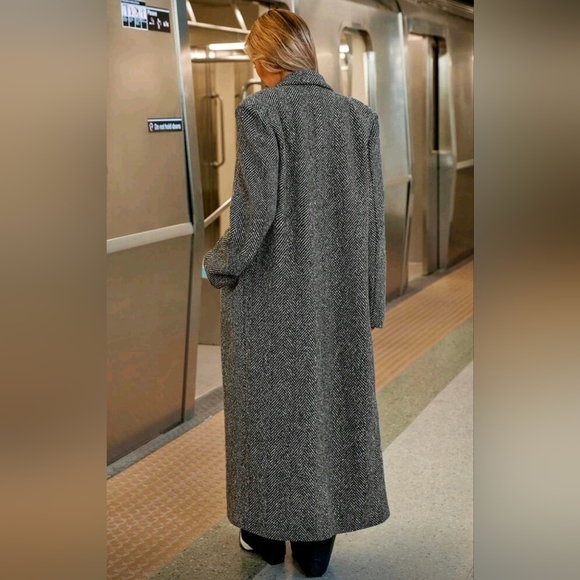 New Chic Oversized Herringbone Tweed Long Maxi Jacket Coat Gray - Picture 5 of 11